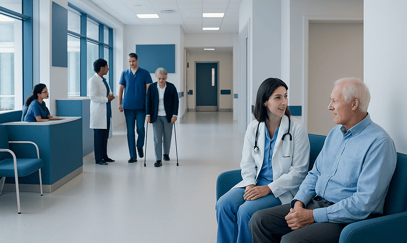 Healthcare professionals and a senior patient in a hospital corridor.
