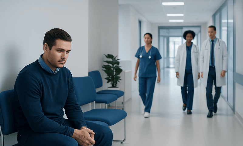Young man waiting alone in hospital corridor with medical staff in background.