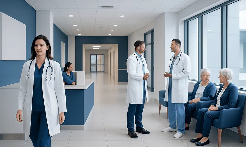 Medical team consulting with elderly patients in hospital corridor.
