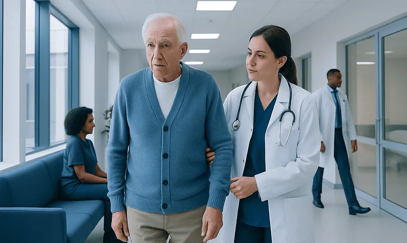 Older man receiving care from a healthcare professional in a hospital corridor.