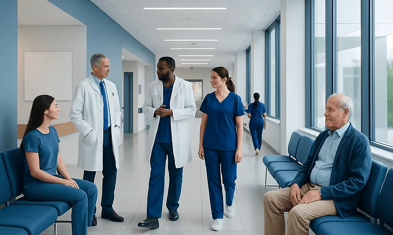 Medical team consulting patients in a modern hospital corridor.