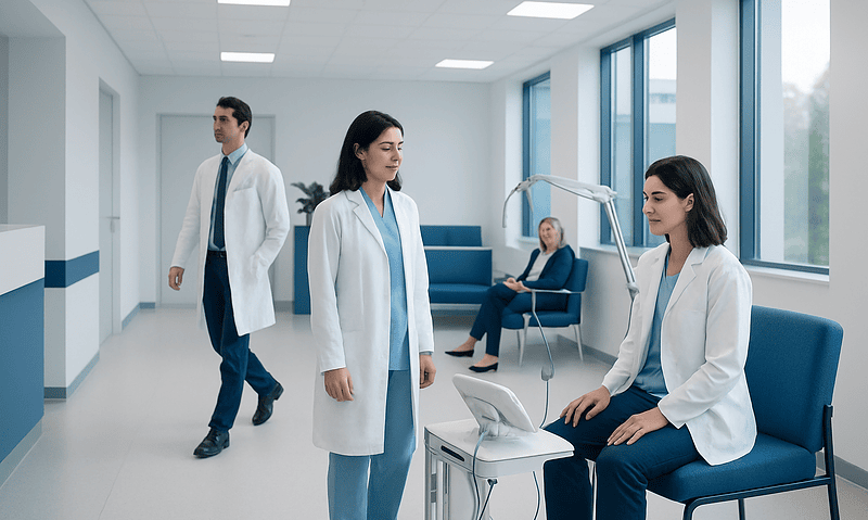 Medical professionals in a hospital corridor preparing for neurophysiology testing.