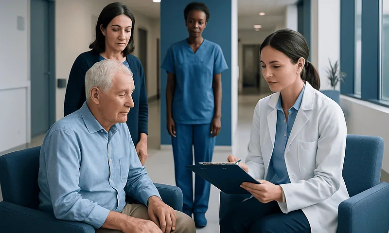 Doctor discussing neuropsychological testing with elderly patient in hospital.