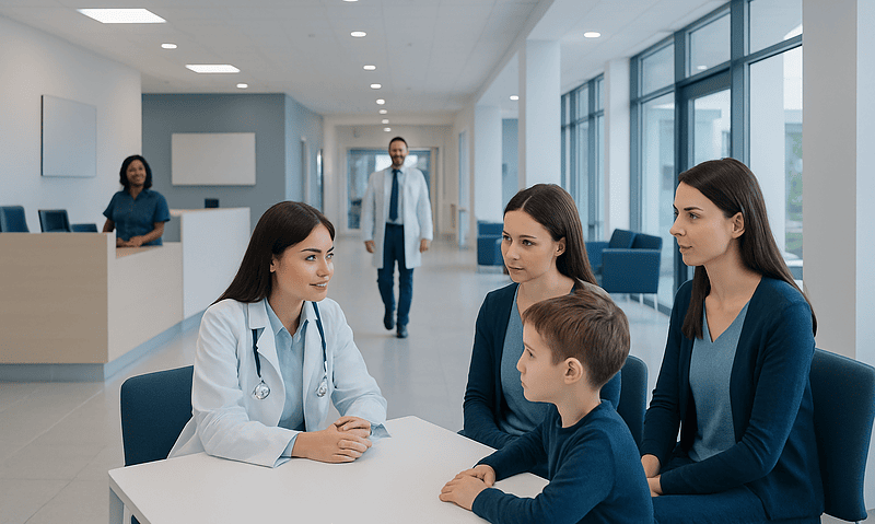 Doctor consulting with a family in a modern hospital waiting area.