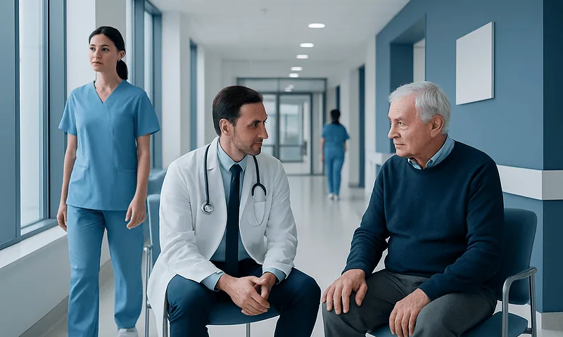 Doctor consulting with elderly patient in hospital corridor.