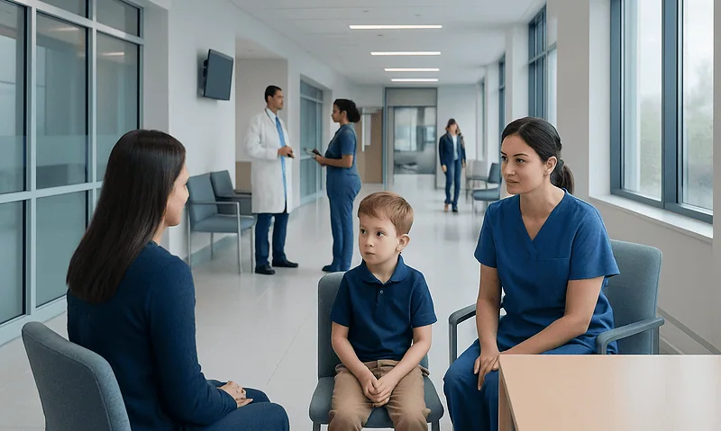 Child in a medical consultation with healthcare professionals in a hospital corridor.