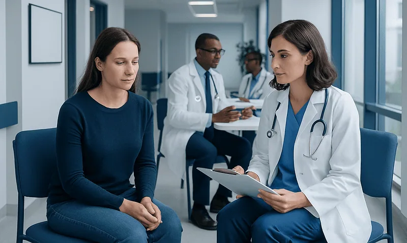 Doctor discussing neuropsychological testing with a patient in a clinic.