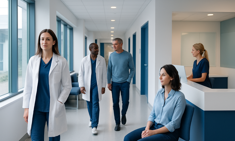 Medical professionals and patients in a hospital corridor at Acibadem Hospitals Group.