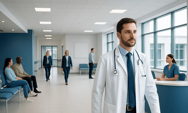 Doctor in hospital corridor with patients and staff in background.