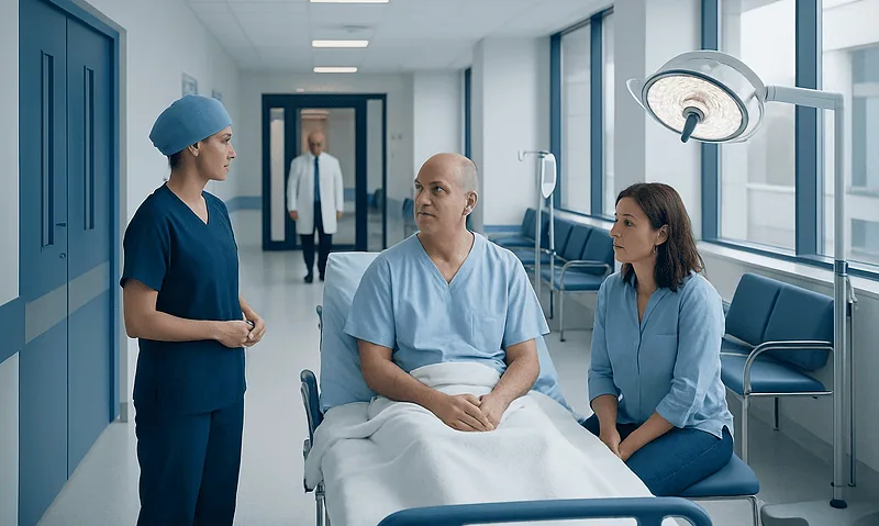 Patient in hospital bed with medical team discussing treatment options.