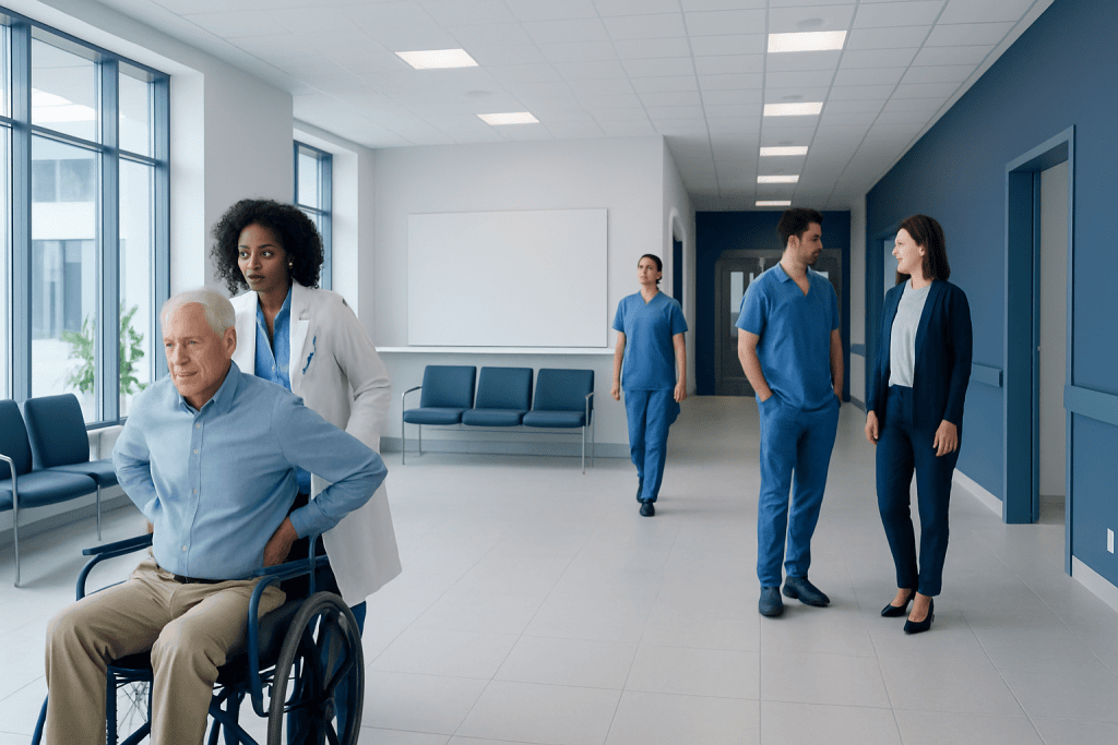 Spinal Cord Compression: Early Symptoms, Diagnosis, and When Surgery Is Urgent 1 Hospital corridor with medical staff and patient in wheelchair.