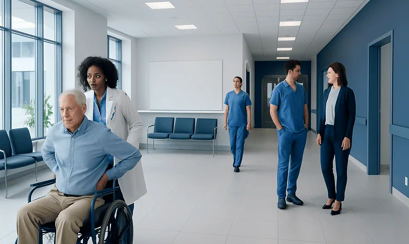 Hospital corridor with medical staff and patient in wheelchair.