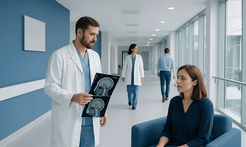 Neurosurgeon reviewing brain scan with patient in hospital corridor.