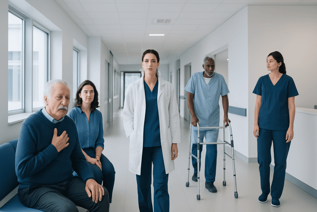 COPD Flare-Ups: Early Warning Signs and How to Prevent Hospital Visits 1 Medical team attending to elderly patient in hospital corridor.