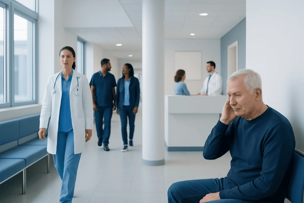 Sudden Hearing Loss: Why Immediate Treatment Can Protect Hearing 1 Elderly man experiencing sudden hearing loss in a hospital corridor.