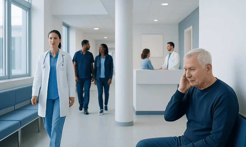 Elderly man experiencing sudden hearing loss in a hospital corridor.
