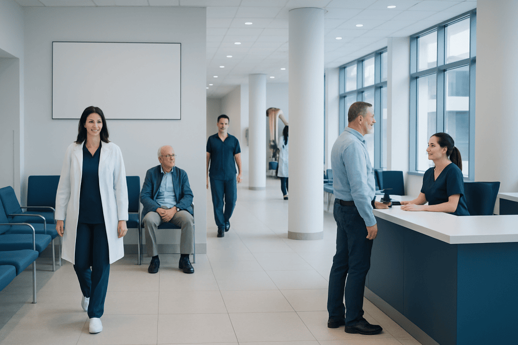 Calories in Restaurant Meals: Why Estimates Can Be Misleading 1 Hospital reception area with staff and patients in a modern medical facility.