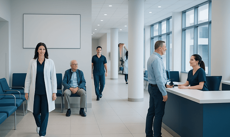 Hospital reception area with staff and patients in a modern medical facility.