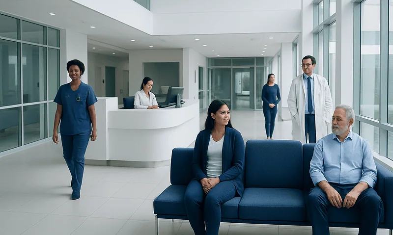 Modern hospital lobby with staff and patients in a bright, spacious setting.