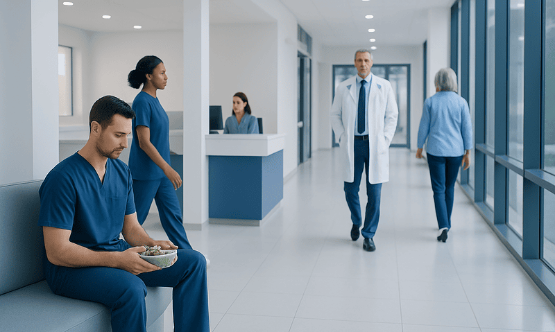 Healthcare professionals and patients in a modern hospital corridor.