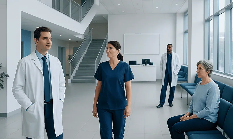 Medical team discussing patient care in a modern hospital lobby.