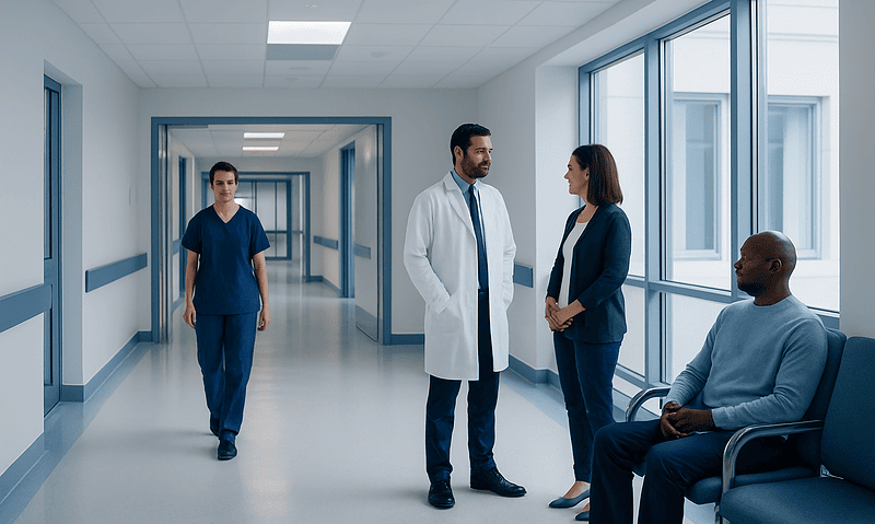Medical professionals and patient in hospital corridor for health consultation.