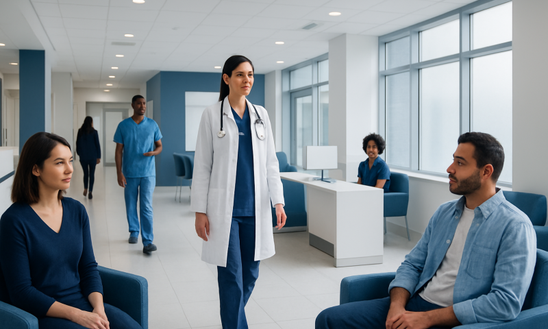 Medical consultation in a modern hospital waiting area with doctor and patients.