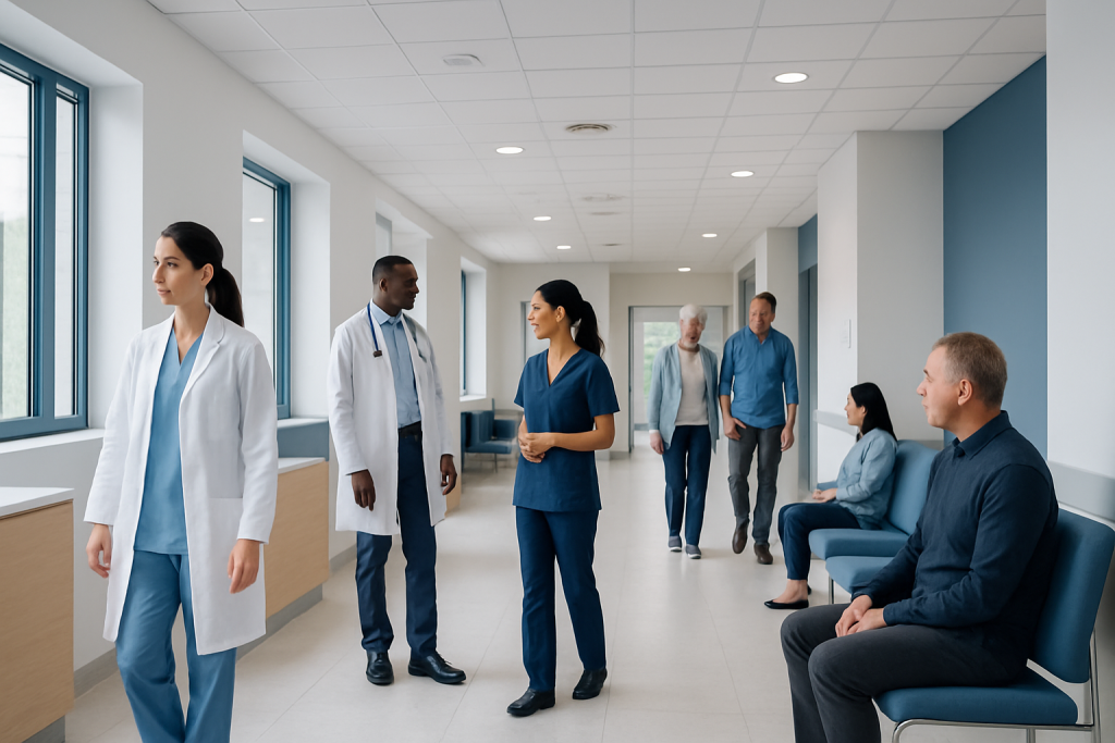 Eating for Steady Energy: Foods and Meal Timing That May Help 1 Healthcare professionals and patients in a hospital corridor.