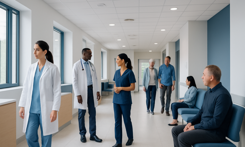 Healthcare professionals and patients in a hospital corridor.