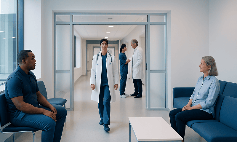 Anal Cancer: Rectal Bleeding, HPV Risk, and Treatment Pathways 4 Medical professionals and patients in a hospital corridor.