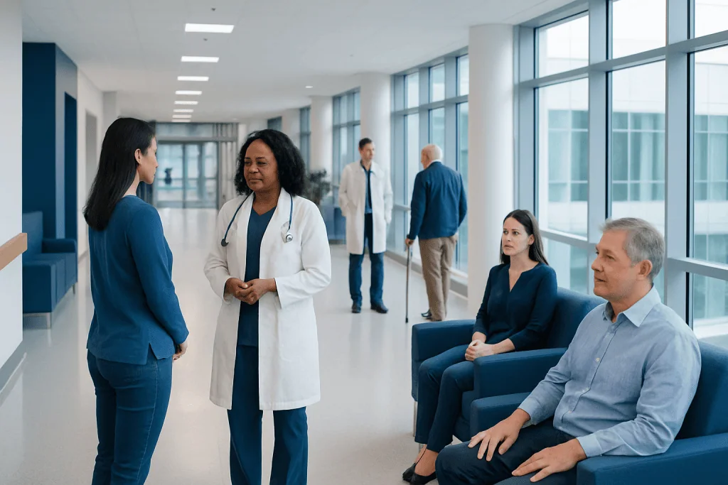 Nasopharyngeal Cancer: Neck Lump, Nasal Symptoms, and Staging 1 Medical consultation in a modern hospital corridor with diverse healthcare professionals.