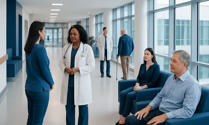 Nasopharyngeal Cancer: Neck Lump, Nasal Symptoms, and Staging 3 Medical consultation in a modern hospital corridor with diverse healthcare professionals.