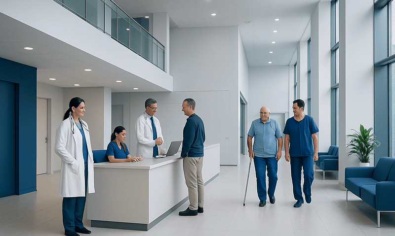 Modern hospital reception area with medical staff and patients.