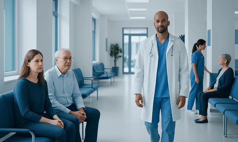 Doctor with patients in a hospital corridor, healthcare setting.