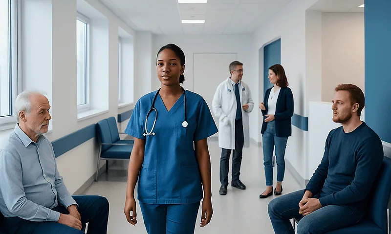 Healthcare professionals and patients in a hospital corridor.