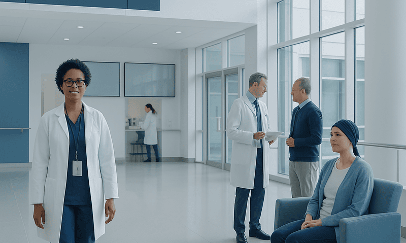 Medical professionals and patient in a modern hospital lobby.