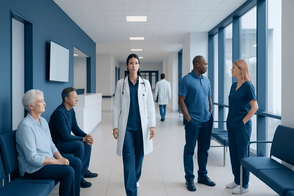 Pleural Effusion in Cancer: Breathlessness, Drainage, and Ongoing Care 1 Medical professionals and patients in a hospital corridor at Acibadem Hospitals Group.