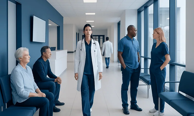 Medical professionals and patients in a hospital corridor at Acibadem Hospitals Group.
