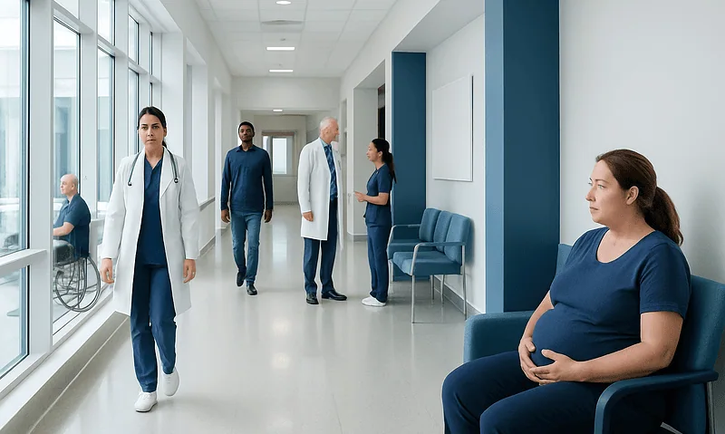 Pregnant woman waiting in hospital corridor at Acibadem Hospitals Group.