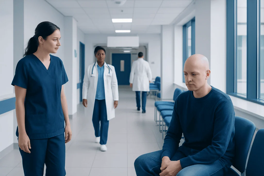 Oral Mucositis During Cancer Treatment: Mouth Sores, Eating Tips, and Relief 1 Patient with mouth sores during cancer treatment in hospital corridor.