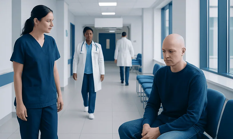 Patient with mouth sores during cancer treatment in hospital corridor.