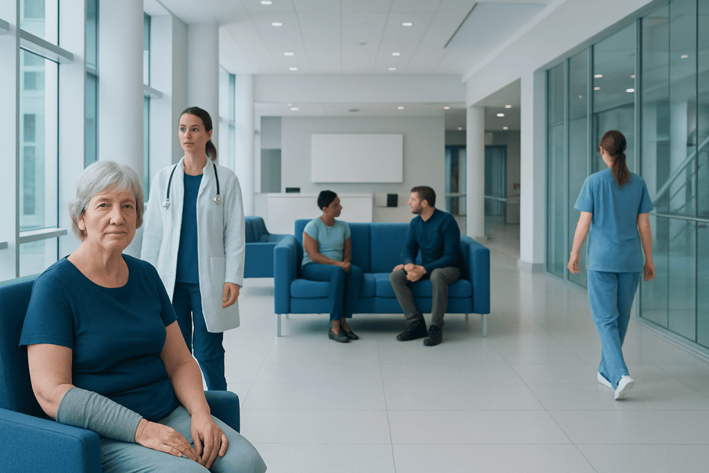 Lymphedema After Cancer Treatment: Early Signs, Prevention, and Therapy 1 Patients and medical staff in a modern hospital lobby.