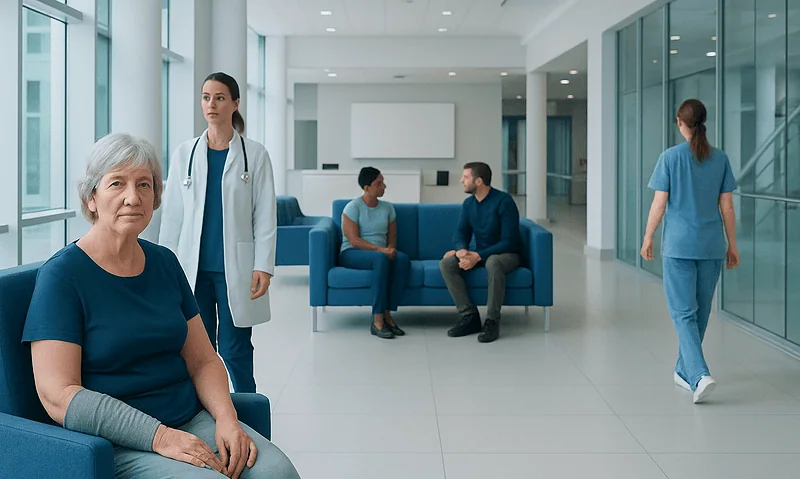 Patients and medical staff in a modern hospital lobby.