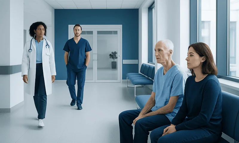 Patients waiting in a hospital corridor with medical staff nearby.
