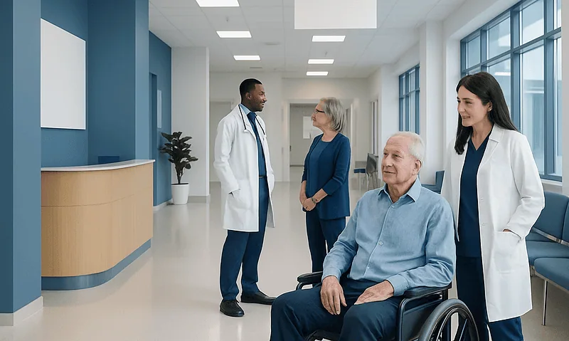Medical team consulting with elderly patient in hospital corridor.