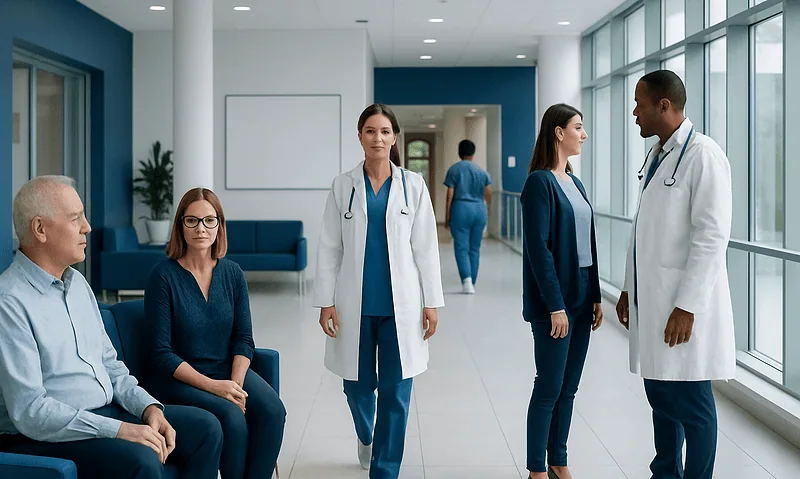 Medical team consulting with patients in a modern hospital corridor.