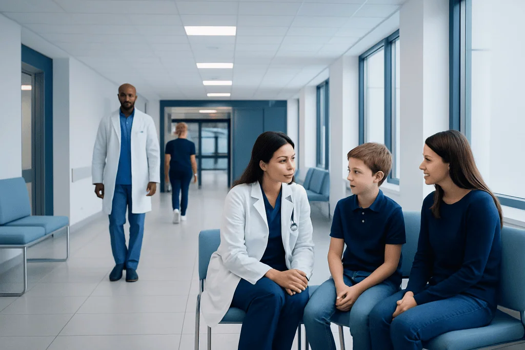 Orthopedic Problems in Children: Warning Signs Parents Should Not Ignore 1 Pediatric consultation in a hospital corridor with medical staff and a young patient.