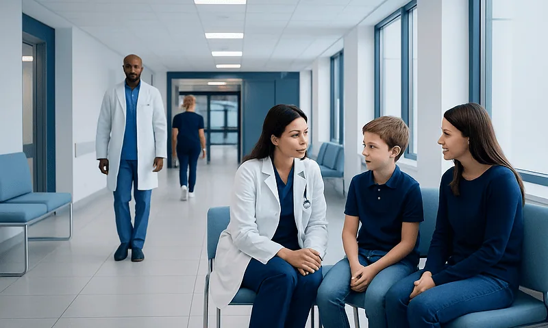 Pediatric consultation in a hospital corridor with medical staff and a young patient.
