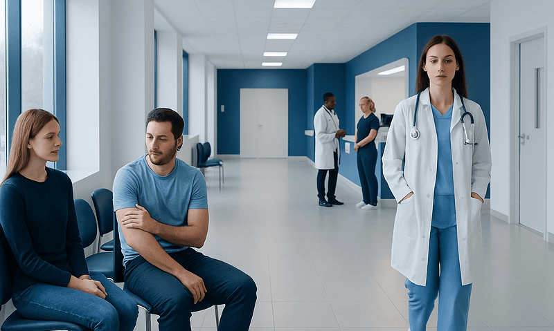 Medical consultation in a hospital corridor with healthcare professionals and patients.