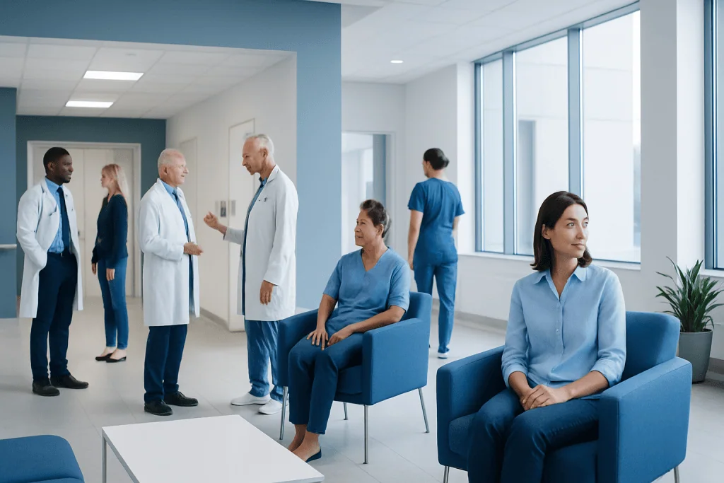 De Quervain’s Tenosynovitis: Thumb Pain Causes and Treatment 1 Medical staff and patients in a modern hospital waiting area.